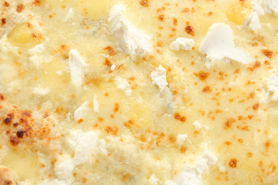 Photo of Delicious hot cheese pizza as background, closeup