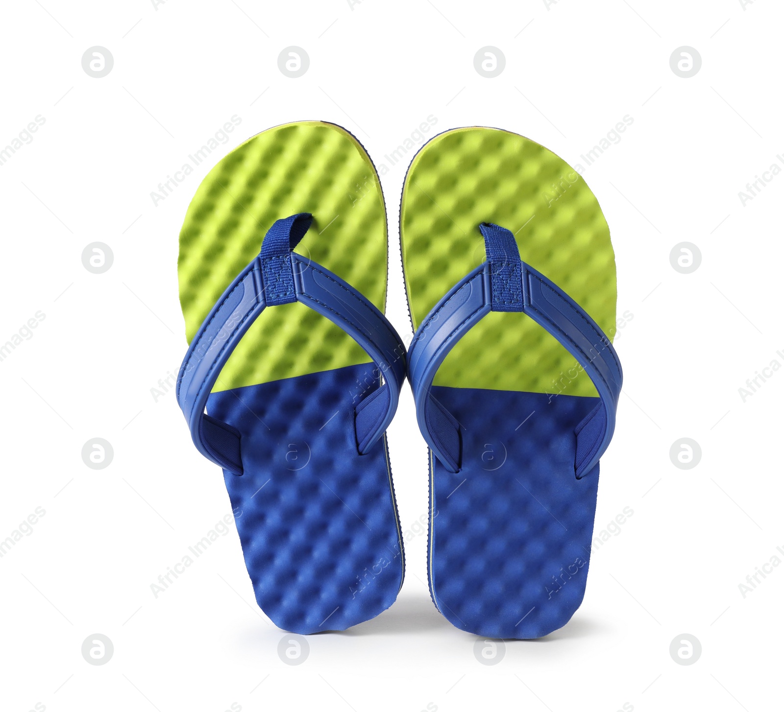 Photo of Stylish pair of flip flops on white background. Beach accessory