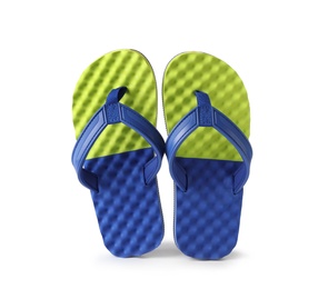 Stylish pair of flip flops on white background. Beach accessory