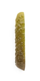 Piece of tasty pickled cucumber on white background, top view