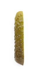 Photo of Piece of tasty pickled cucumber on white background, top view