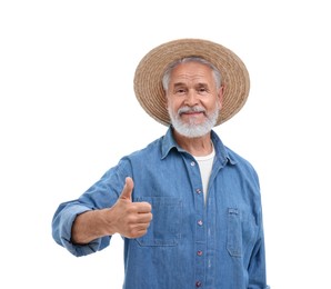Photo of Happy farmer showing thumb up on white background. Harvesting season