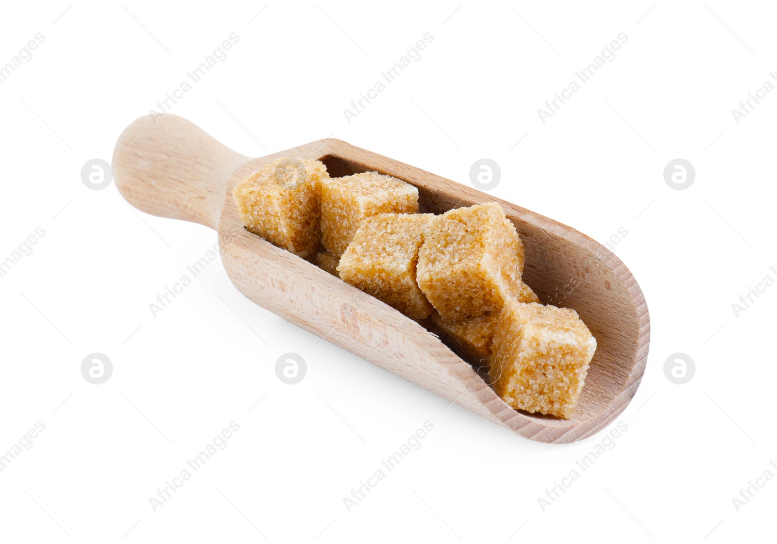 Photo of Brown sugar cubes in wooden scoop isolated on white