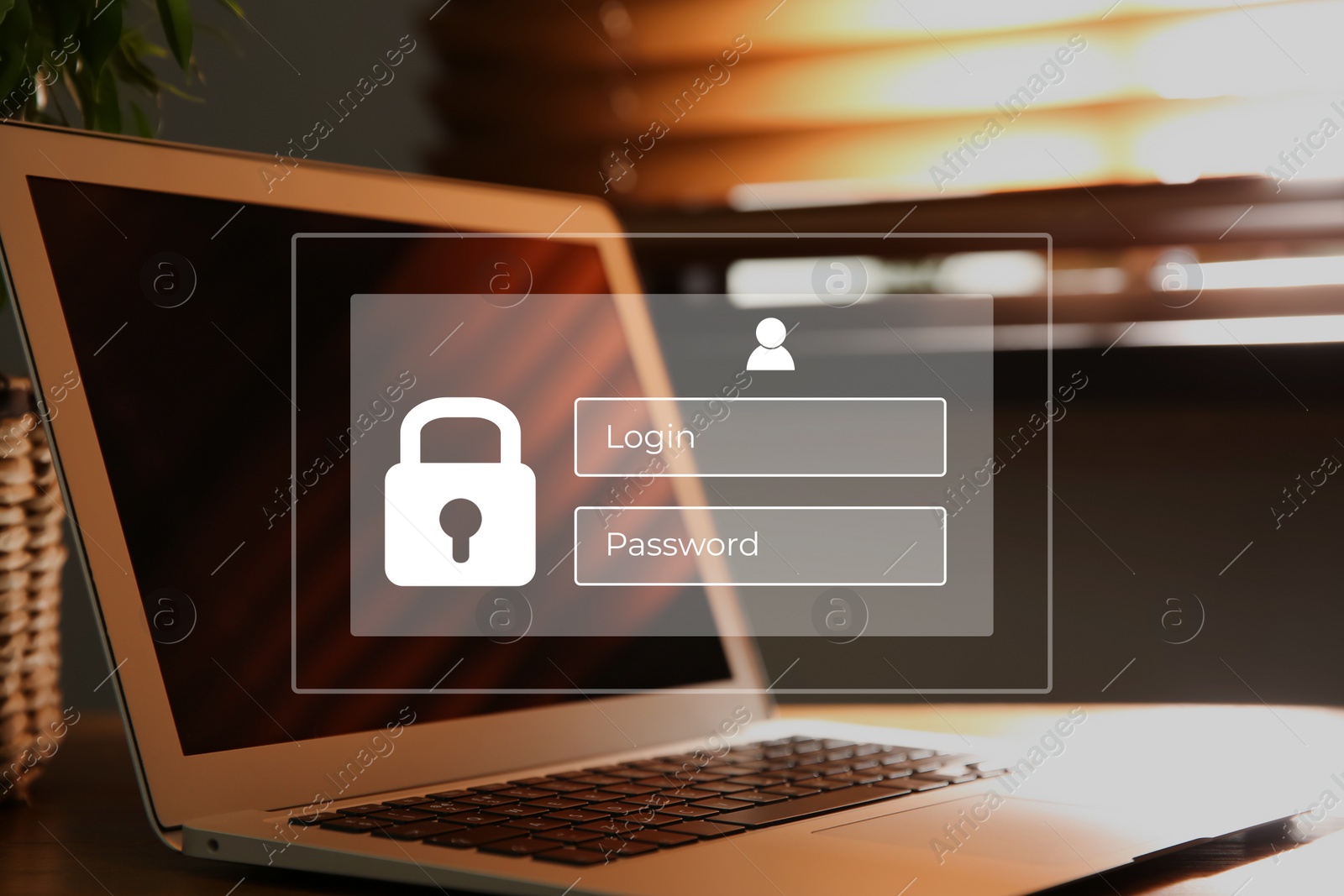 Image of Privacy protection. Digital login interface over laptop in office