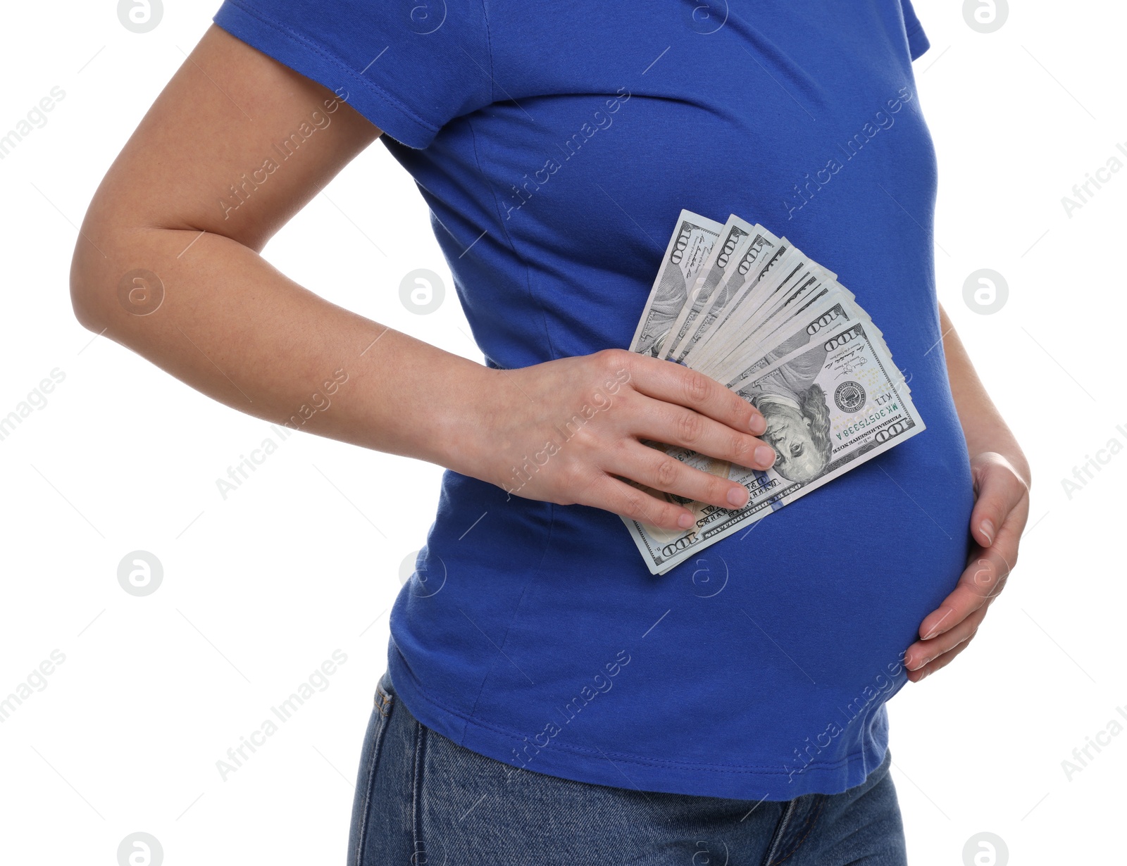 Photo of Surrogate mother. Pregnant woman with dollar banknotes on white background, closeup