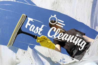 Fast cleaning service. Worker wiping window with squeegee outdoors, bottom view through glass