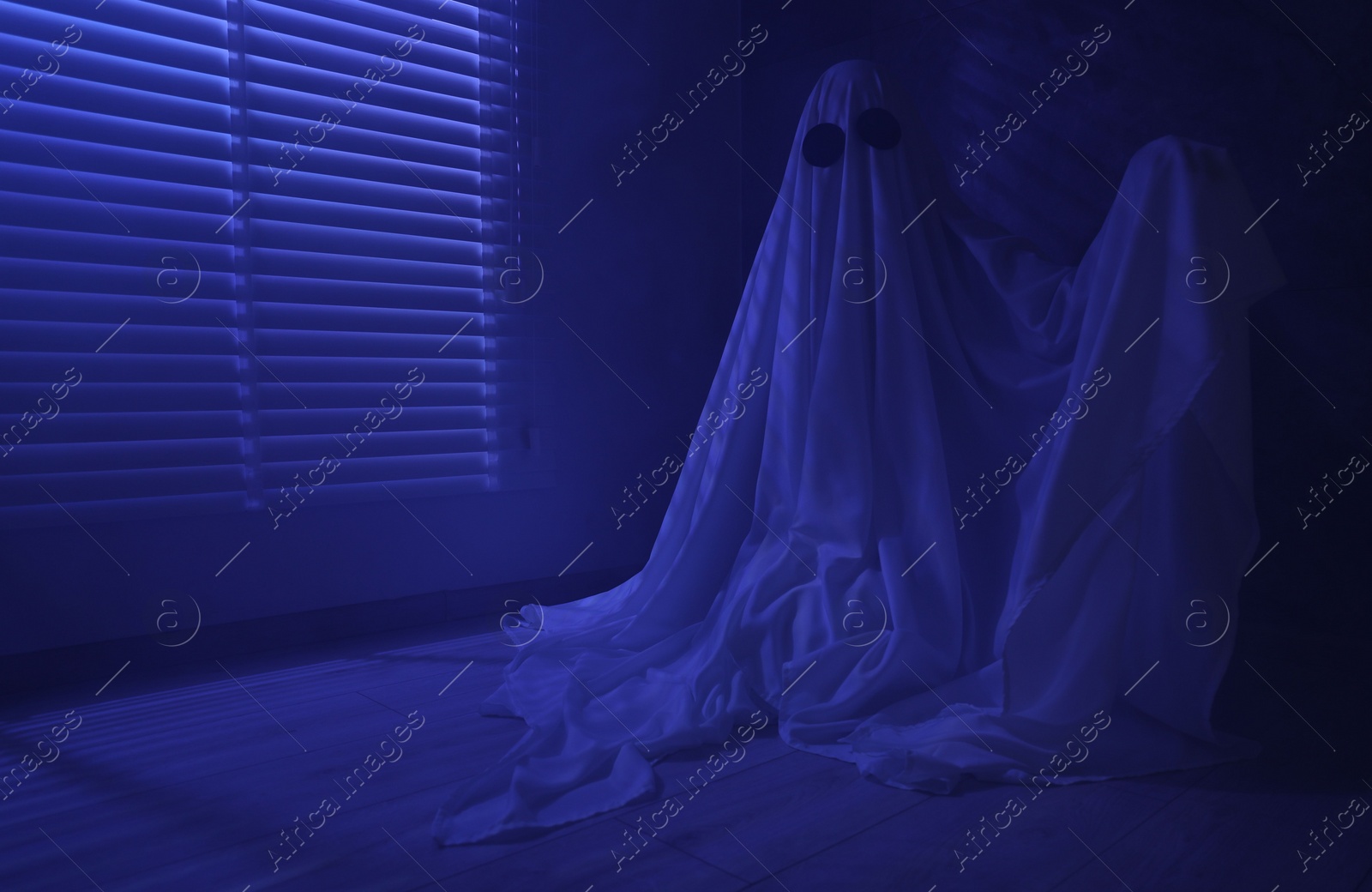 Photo of Creepy ghost. Woman covered with sheet near window in blue light, space for text