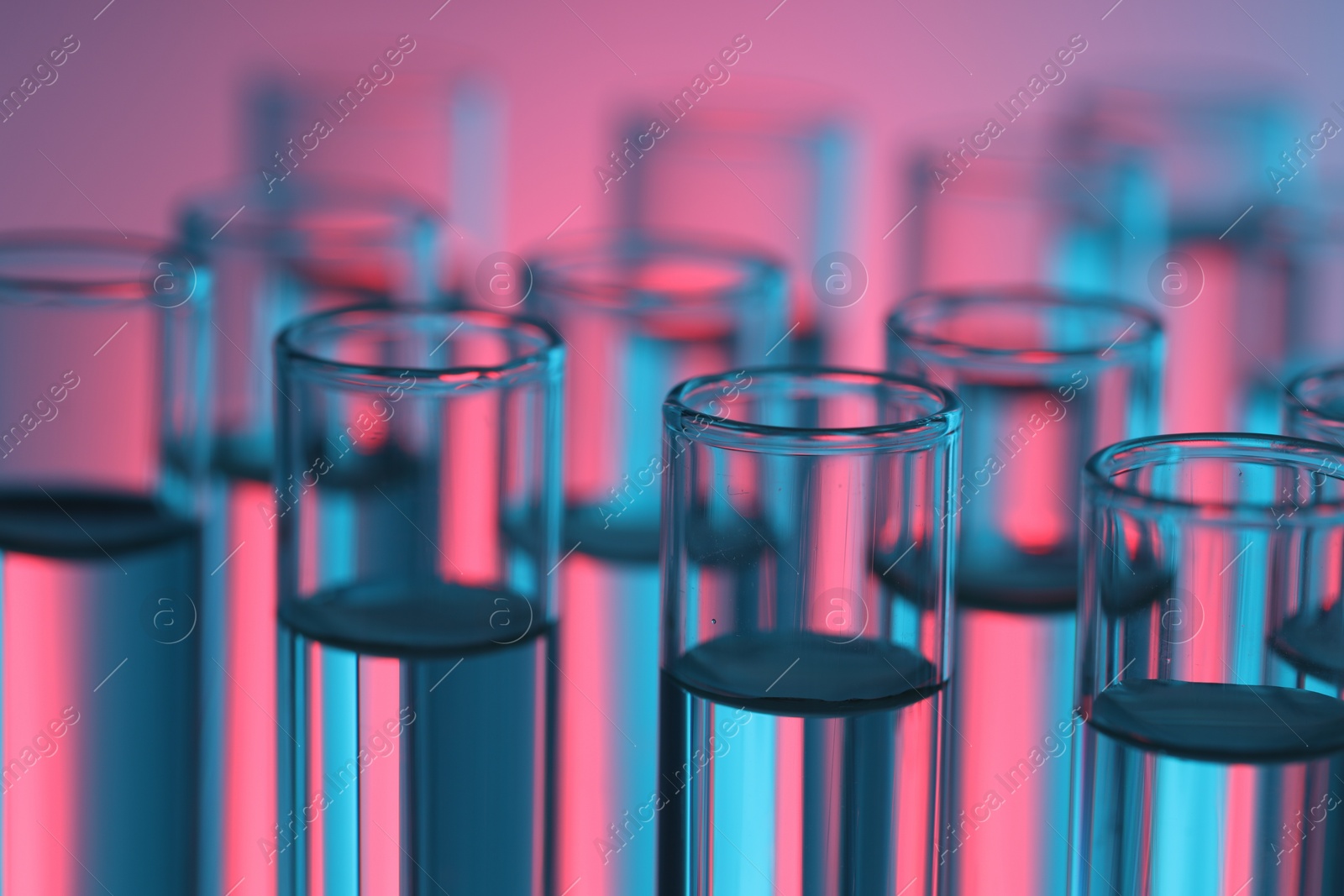 Photo of Many glass test tubes on color background, closeup