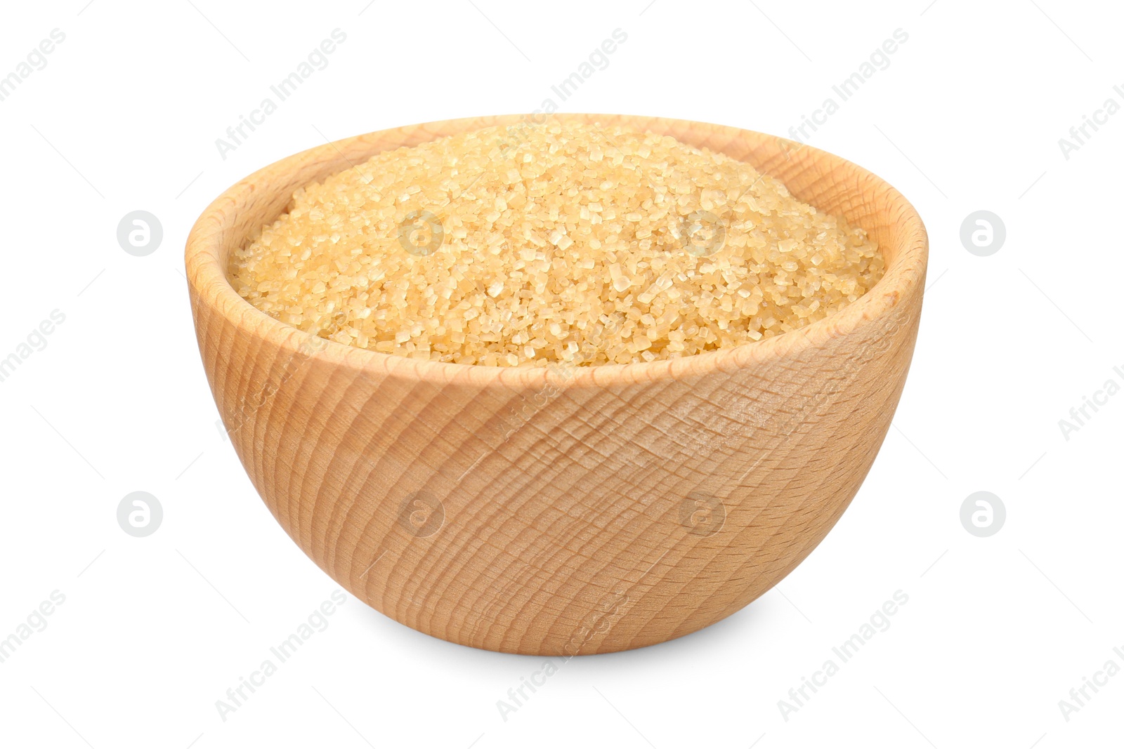 Photo of Brown sugar in wooden bowl isolated on white