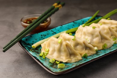 Photo of Delicious gyoza (asian dumplings) with green onions and chopsticks on gray table, closeup