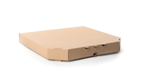 Photo of Pizza box isolated on white. Food delivery