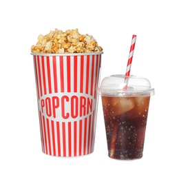 Carton cup with delicious fresh popcorn and iced cola on white background