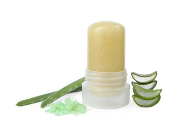 Photo of Natural crystal alum deodorant and fresh aloe with bath salt on white background