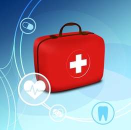 Image of First aid kit and different icons on blue background, illustration