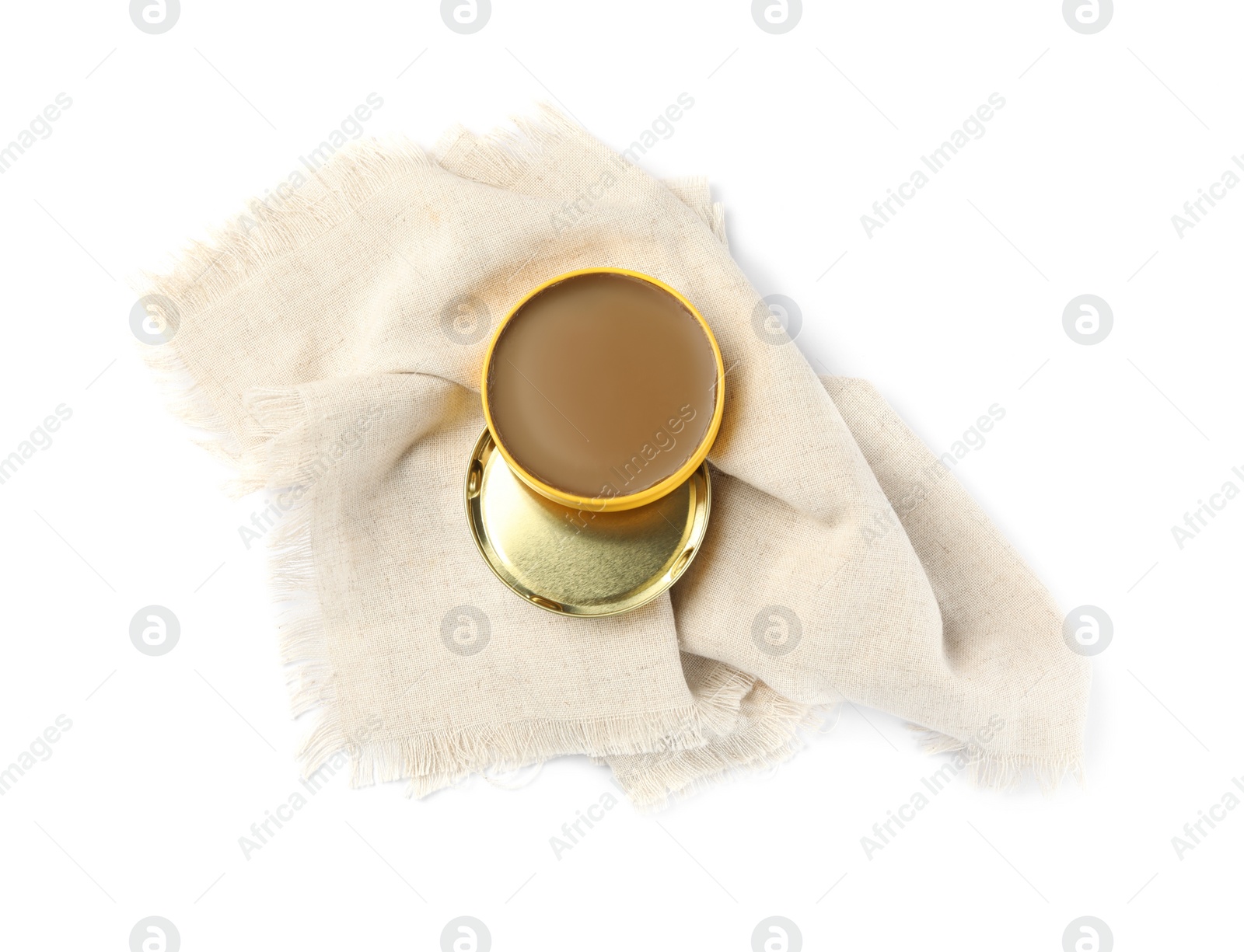 Photo of Shoe care polish and cloth on white background, top view