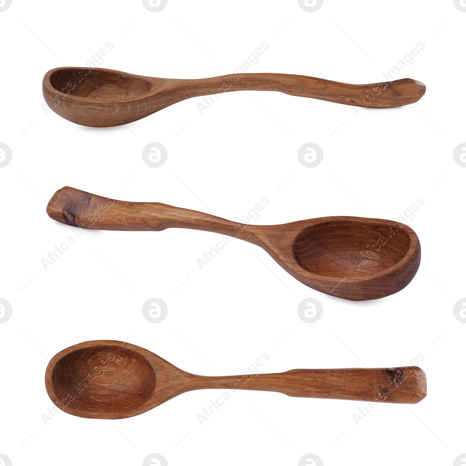 Image of Wooden spoons on white background, collage. Cooking utensil