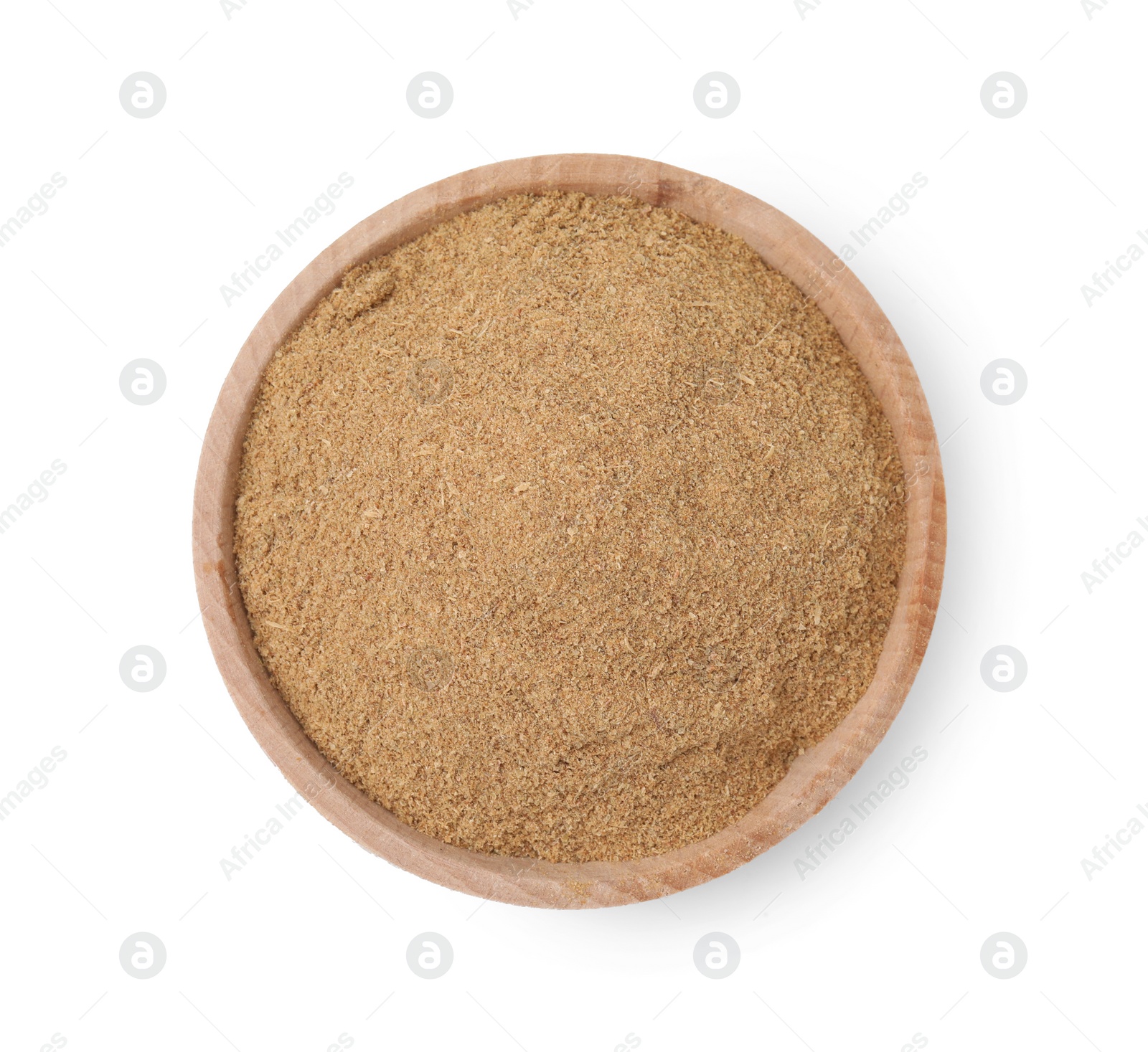 Photo of Dietary fiber. Psyllium husk powder in bowl isolated on white, top view