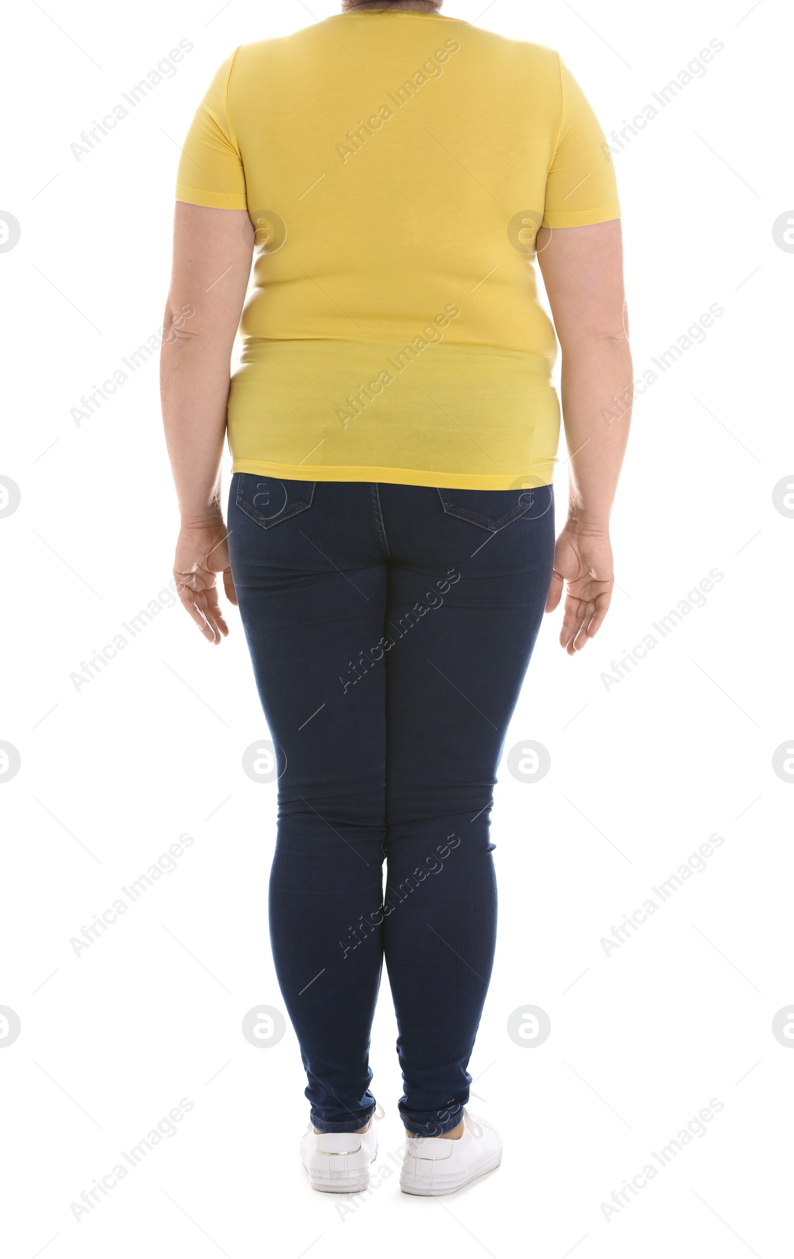 Photo of Overweight woman on white background, closeup. Weight loss