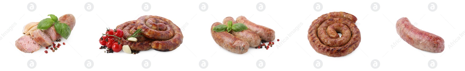 Image of Tasty homemade sausages isolated on white, set