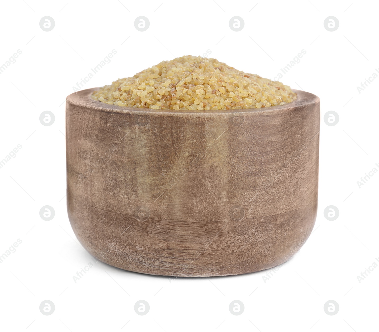 Photo of Wooden bowl with uncooked bulgur isolated on white