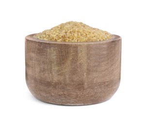 Photo of Wooden bowl with uncooked bulgur isolated on white