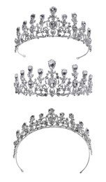Image of Collage of beautiful silver tiara with diamonds on white background, views from different sides