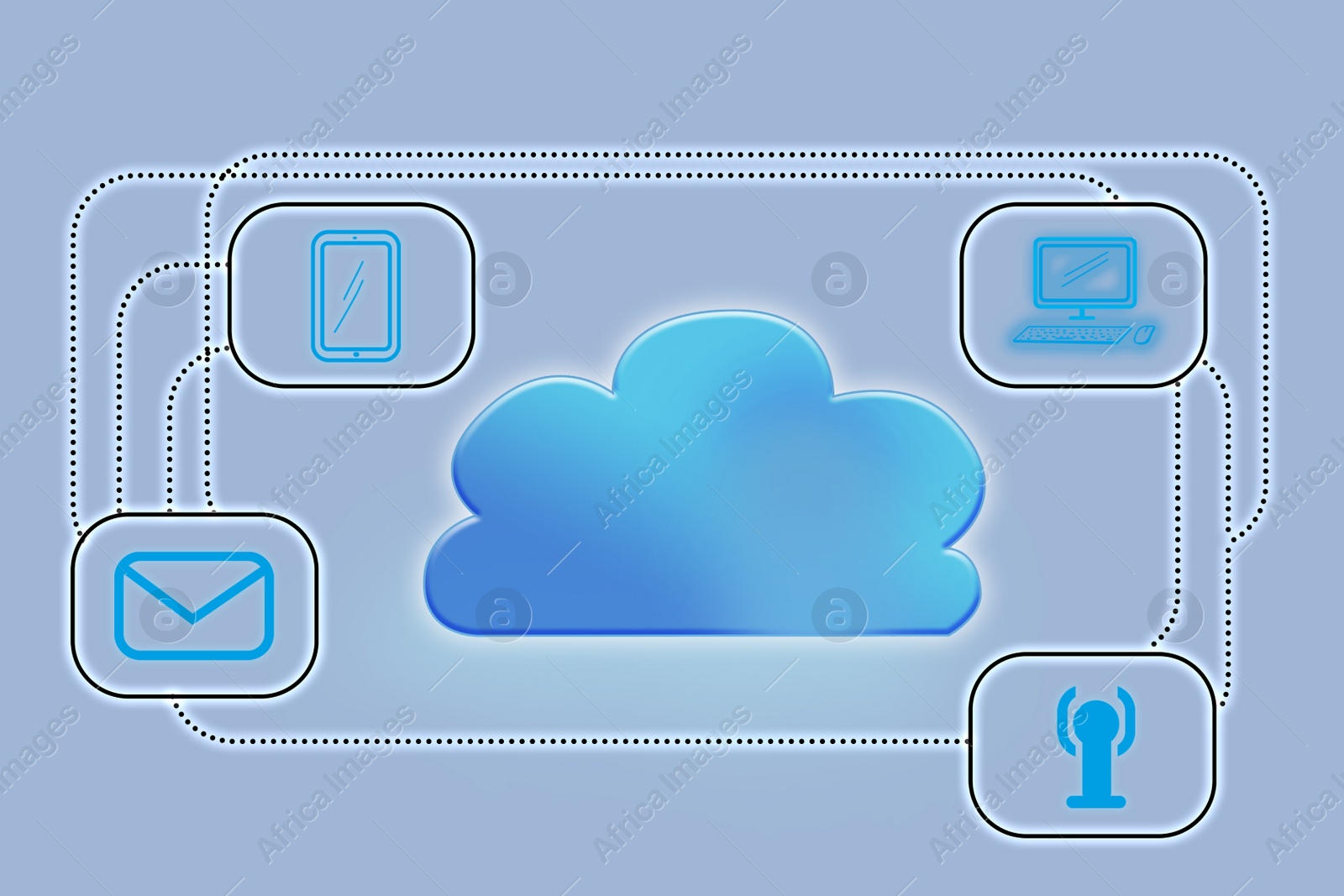 Illustration of  digital cloud with different icons on grey background. Modern technology concept 