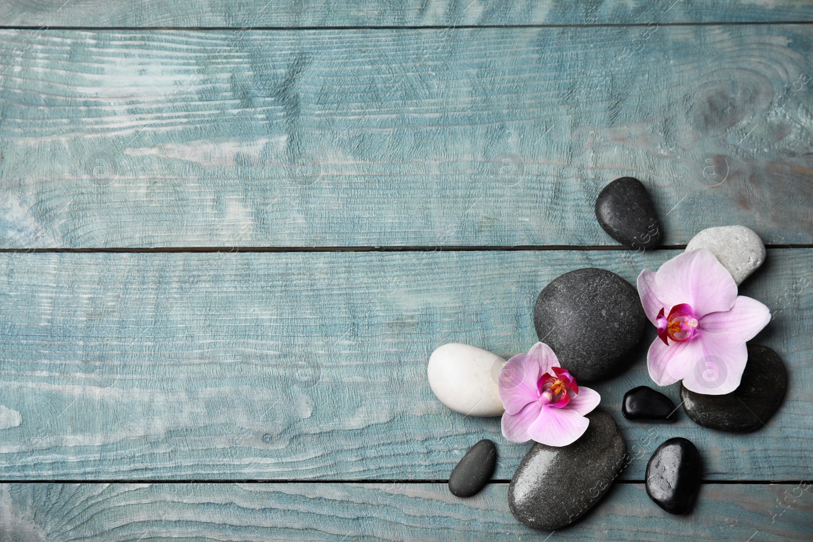 Photo of Stones with orchid flowers and space for text on blue wooden background, flat lay. Zen lifestyle