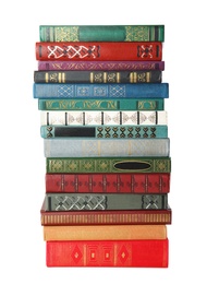 Stack of hardcover books on white background