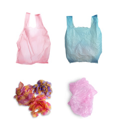 Set of disposable plastic bags on white background. Waste management and recycling
