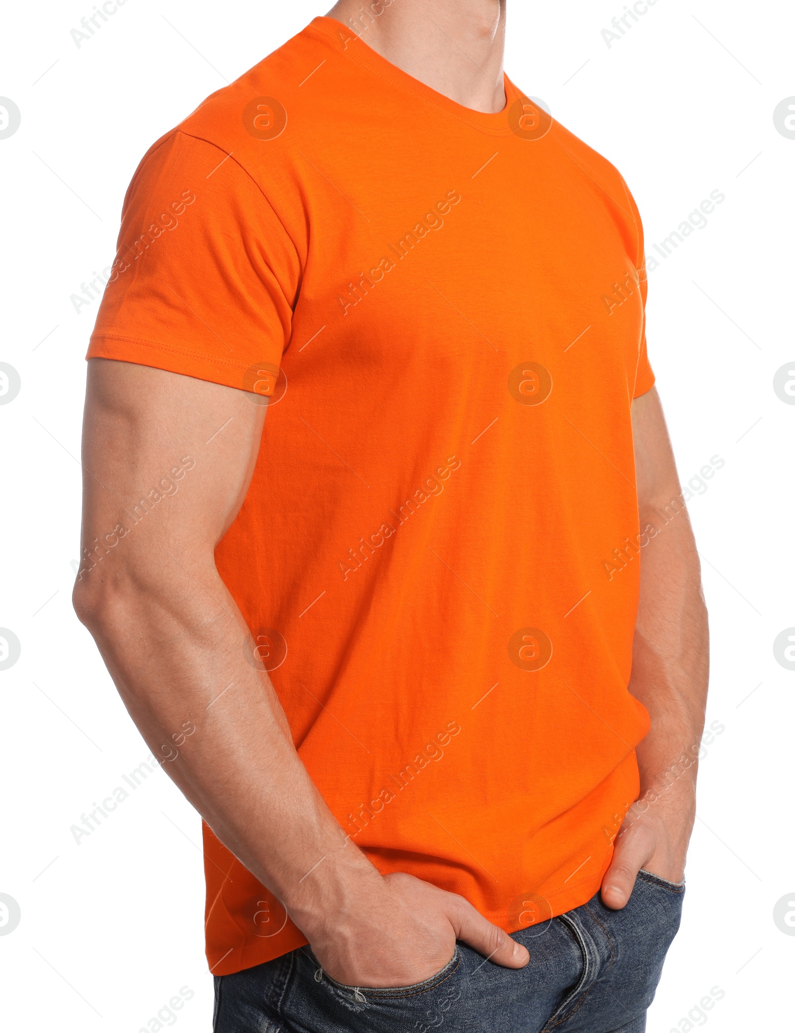 Photo of Man wearing orange t-shirt on white background, closeup. Mockup for design