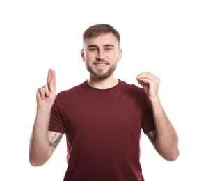 Photo of Man using sign language on white background