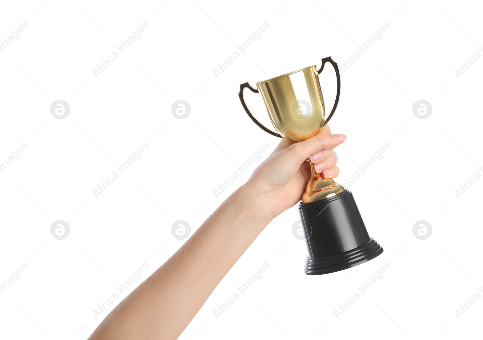 Photo of Woman holding gold trophy cup on white background, closeup