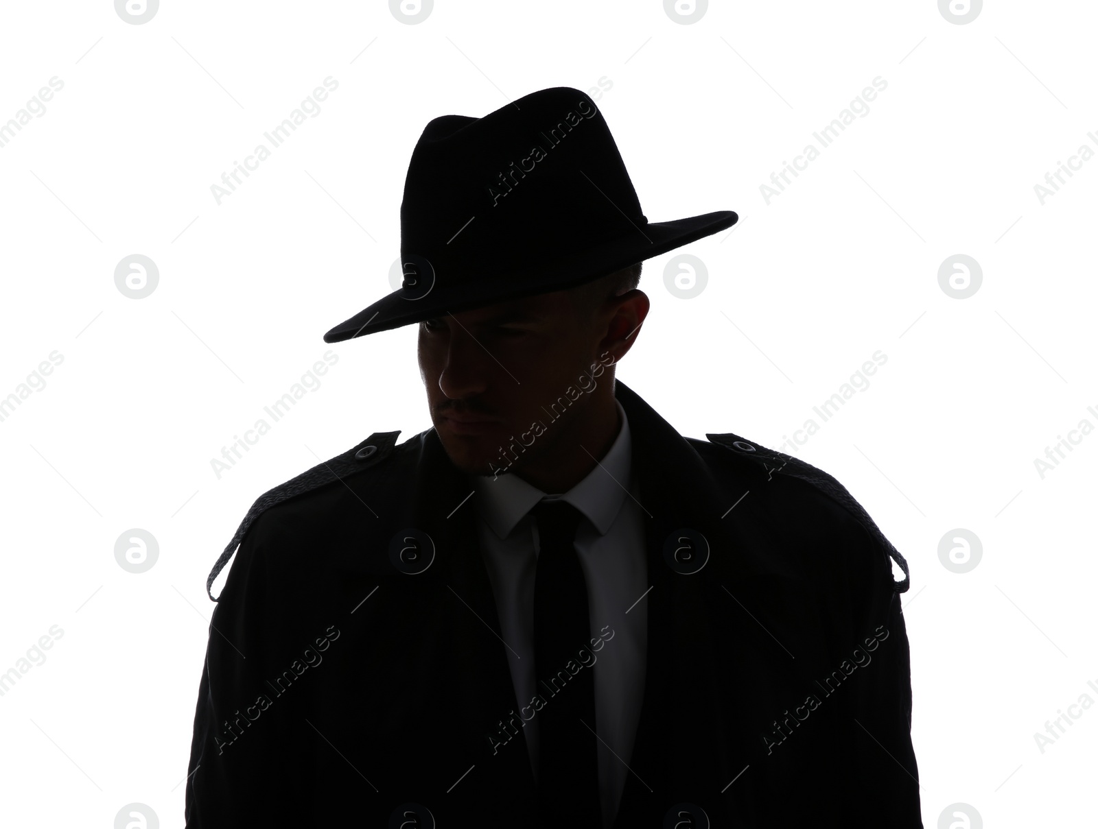 Photo of Old fashioned detective in hat on white background