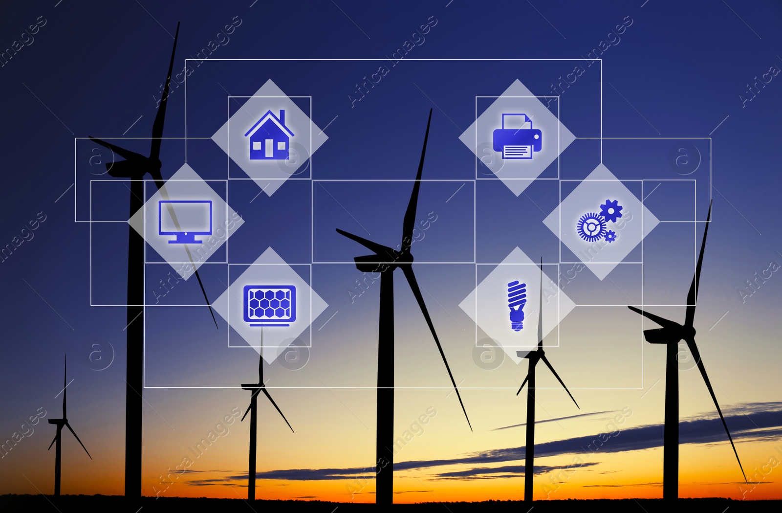 Image of  Alternative energy source. Silhouettes of wind turbines at sunset and scheme