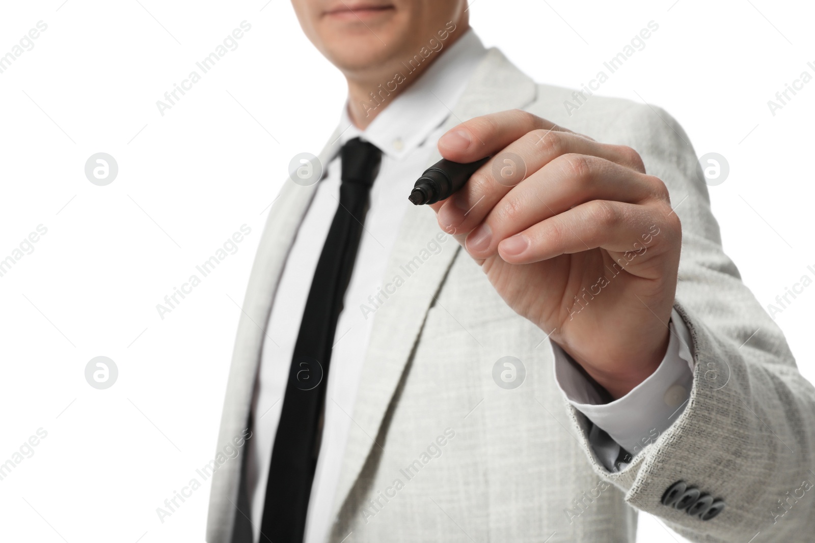 Photo of Businessman with marker on white background, closeup
