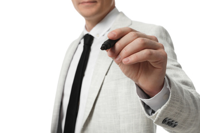 Businessman with marker on white background, closeup