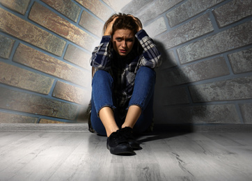 Image of Claustrophobia. Stressed woman feeling in closed space 