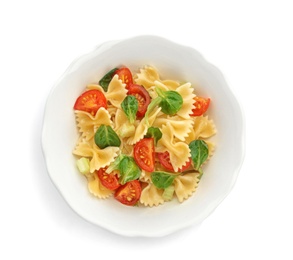 Photo of Tasty pasta salad with vegetables on white background