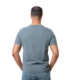 Man wearing t-shirt on white background, back view