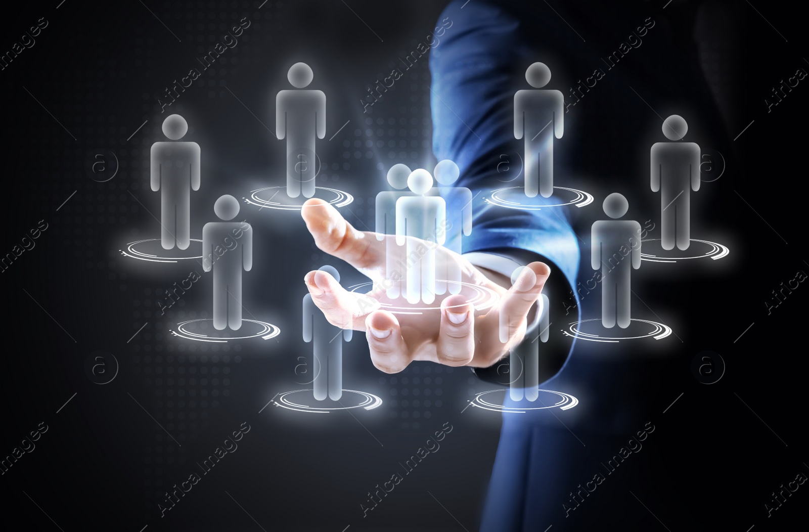 Image of Man demonstrating virtual structure of organization, focus on hand. Business corporation
