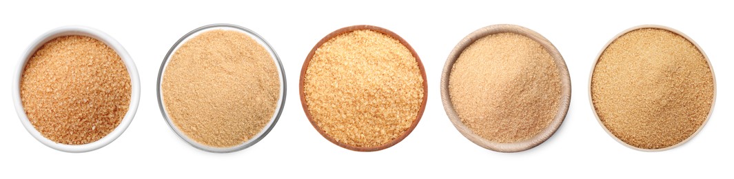 Image of Bowls of brown sugar on white background, top view. Banner design