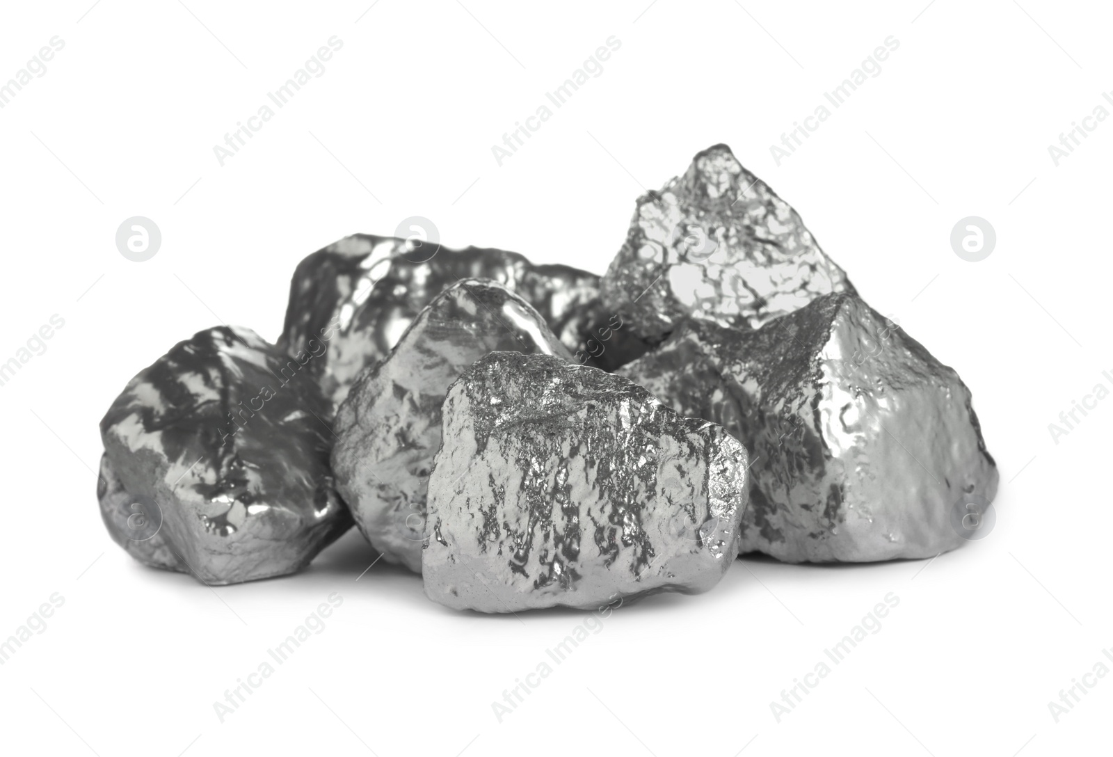 Photo of Many shiny silver nuggets on white background