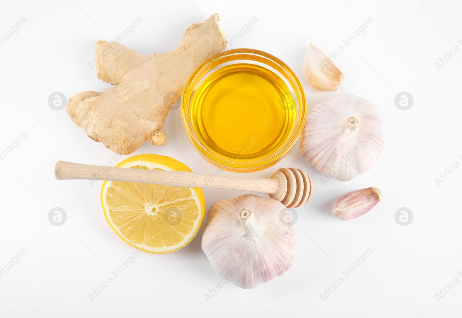 Photo of Composition with garlic and other cold remedies on white background, top view