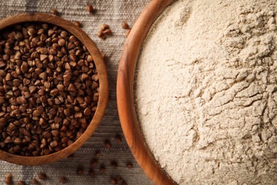 Photo of Bowl of buckwheat flour on cloth, top view