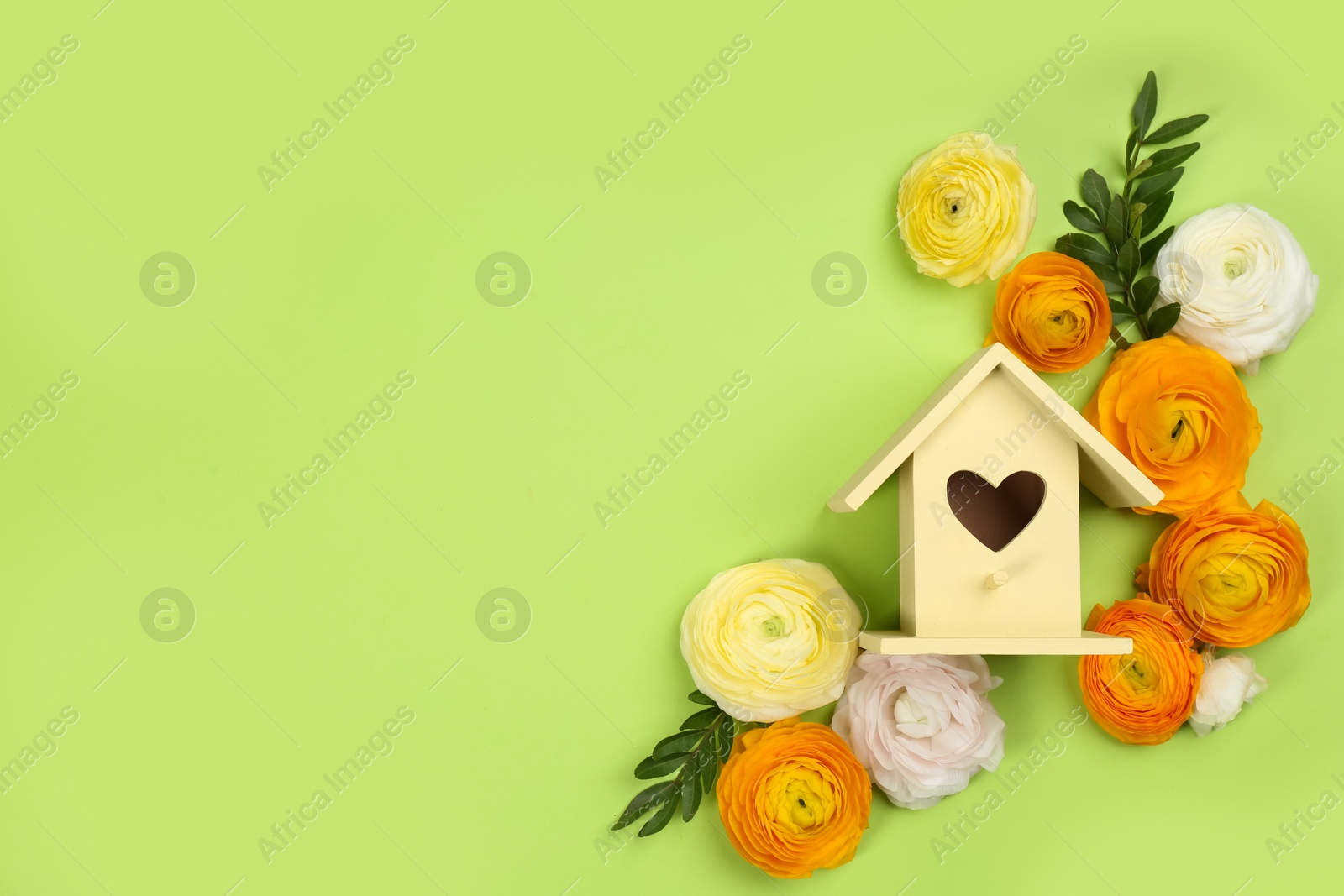 Photo of Stylish bird house and fresh eustomas on green background, flat lay. Space for text