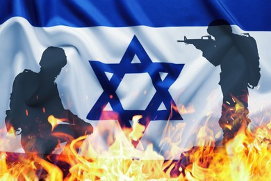 Image of Silhouettes of military, flag of Israel and flag, double exposure