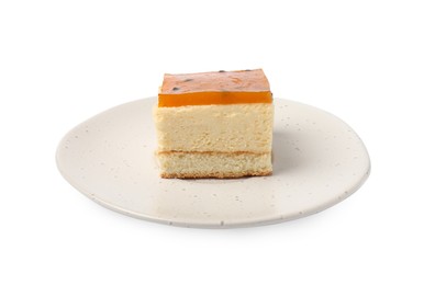 Photo of Piece of cheesecake with jelly on white background