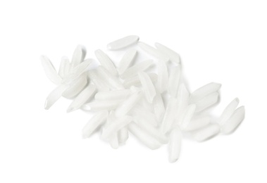 Photo of Uncooked long grain rice on white background, top view