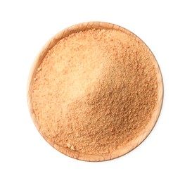 Coconut sugar in bowl isolated on white, top view